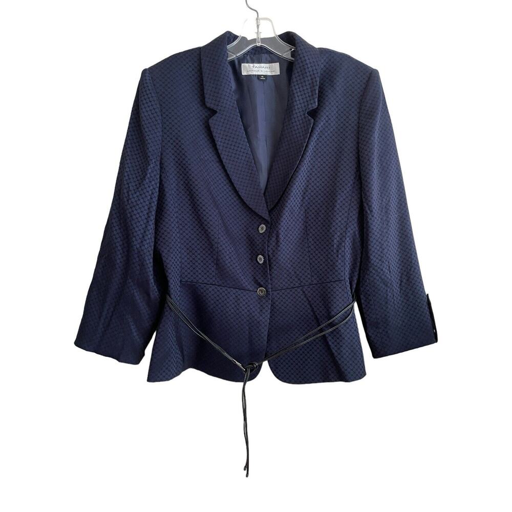 Tahari Arthur S Levine Blazer Jacket Women Size 12 Blue Black Belted Geometric